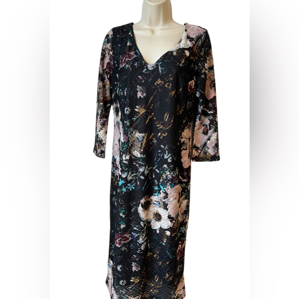 ECI Women's Medium Black Floral Multicolor Sheath Lined Back‎ Zip Midi Dress